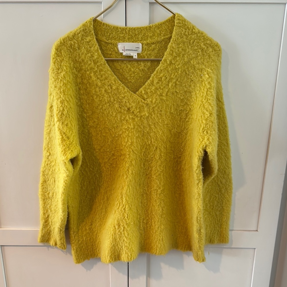 Anthropologie Plush V-Neck Sweater in Yellow-Green